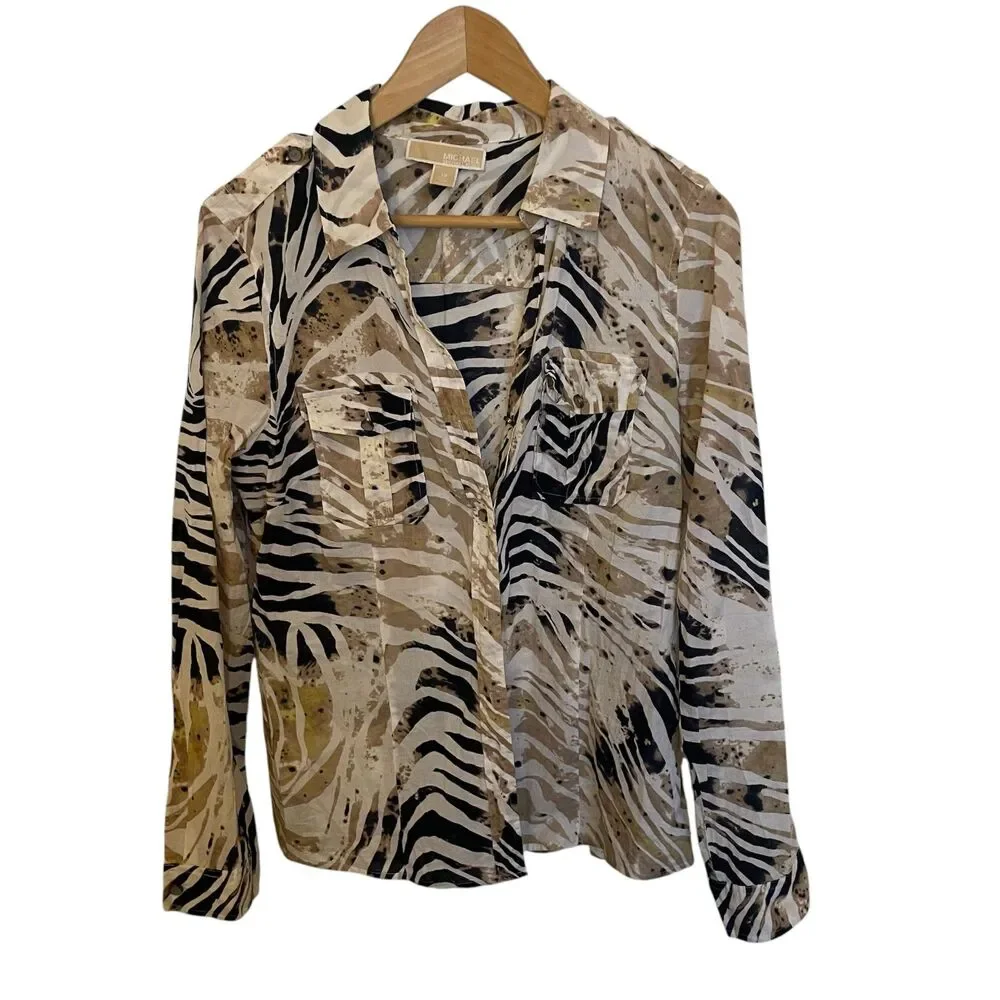 Michael Kors Button Down Top Sz 12 Animal Print Lightweight Career Office Artsy
